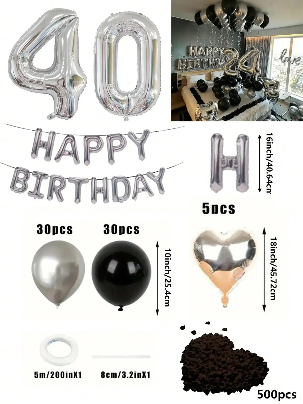 A kit featuring black and silver balloons, including foil numbers, heart-shaped balloons, and a large quantity of decorative 