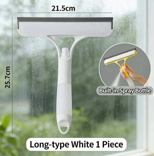 Long-type white 1 piece window cleaning squeegee with built-in spray bottle shown on a glass surface