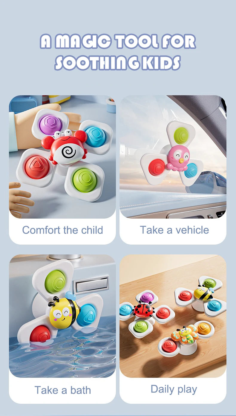 A set of colorful, ocean-themed spinning toys used for comforting children during bath time and daily play.