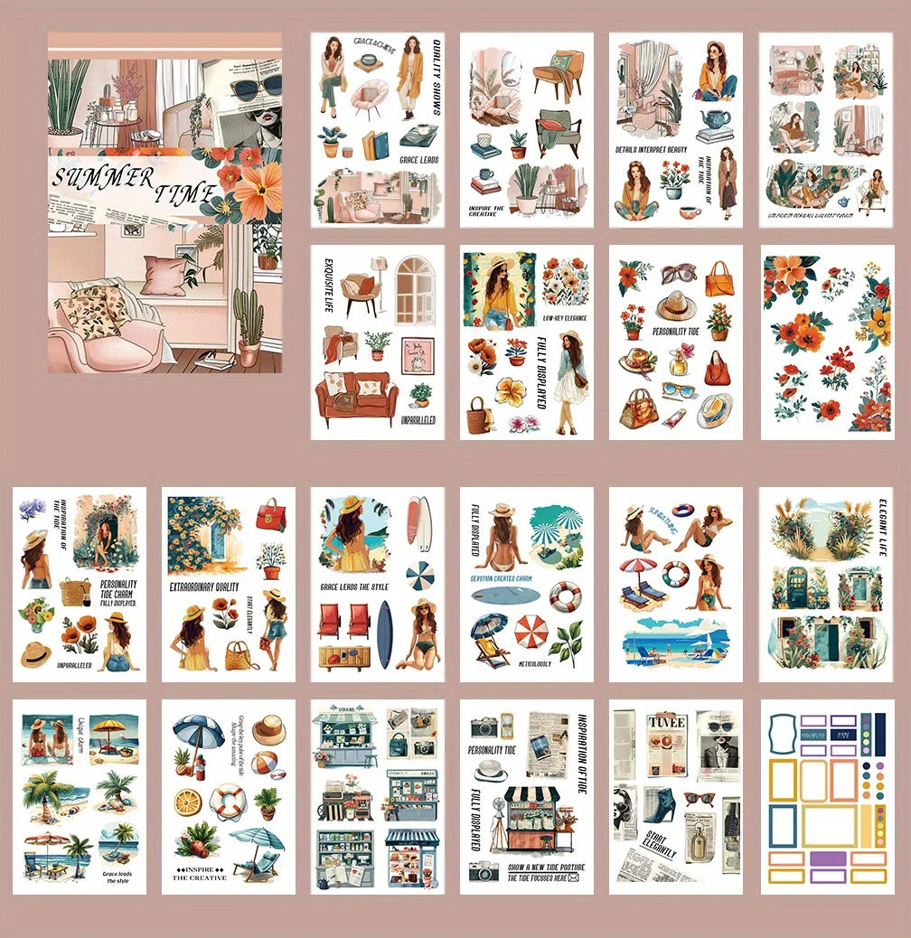 A collection of aesthetic stickers and illustrations for a sticker book featuring various themes and designs.