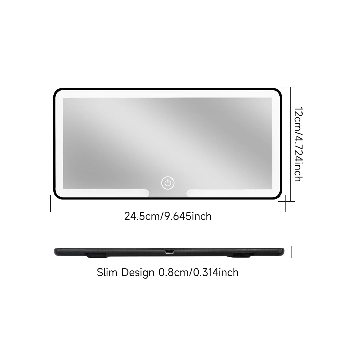 A rectangular silver HD touch screen makeup mirror with a slim black frame and adjustable brightness.