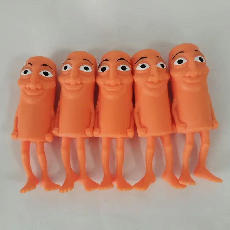 A row of orange squishy stress relief toys shaped like funny, expressive faces.