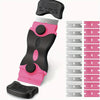 A pink and black adhesive remover and glass scraper tool with a removable blade is shown next to replacement blades.