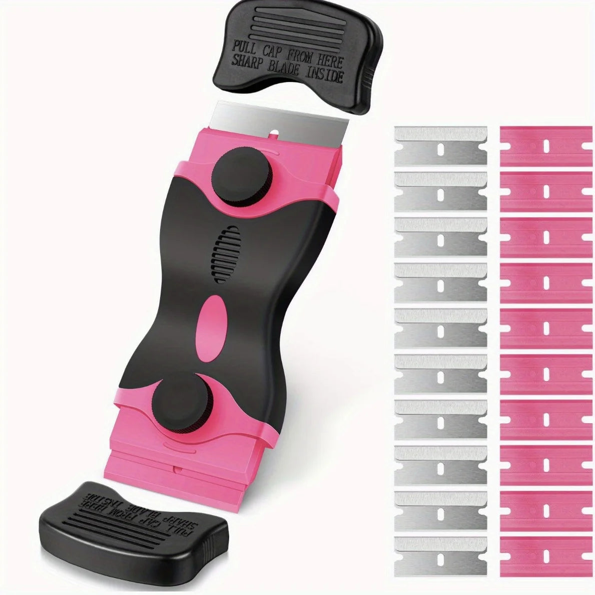 A pink and black adhesive remover and glass scraper tool with a removable blade is shown next to replacement blades.