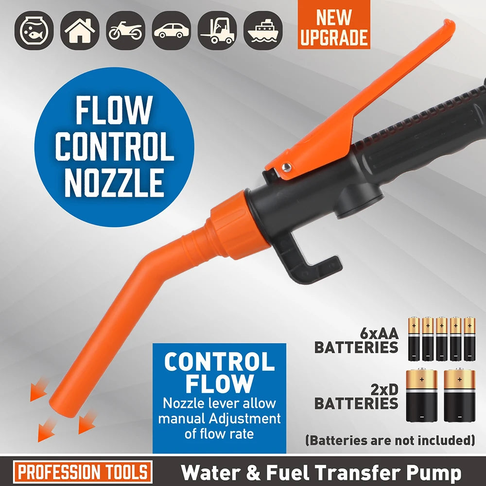 Orange Flowcontrol-Düse und Pumpwerkzeug mit Batterieoptionen für Wasser- und Kraftstofftransfer.