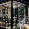 USB LED curtain lights with remote illuminating a wooden porch and interior view