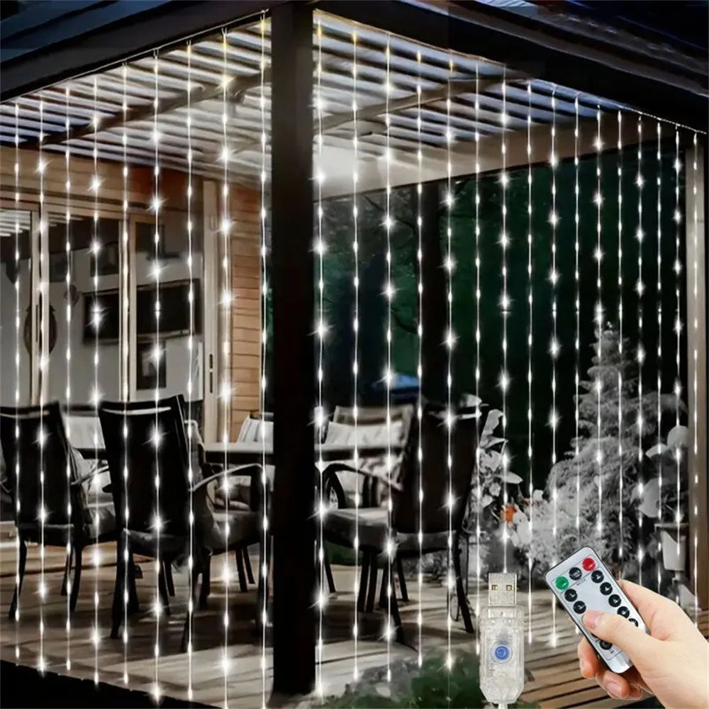 USB LED curtain lights with remote illuminating a wooden porch and interior view