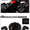 Close-up view of a black motorcycle helmet showing the fast plug-in buckle and fully disassembled lining components.