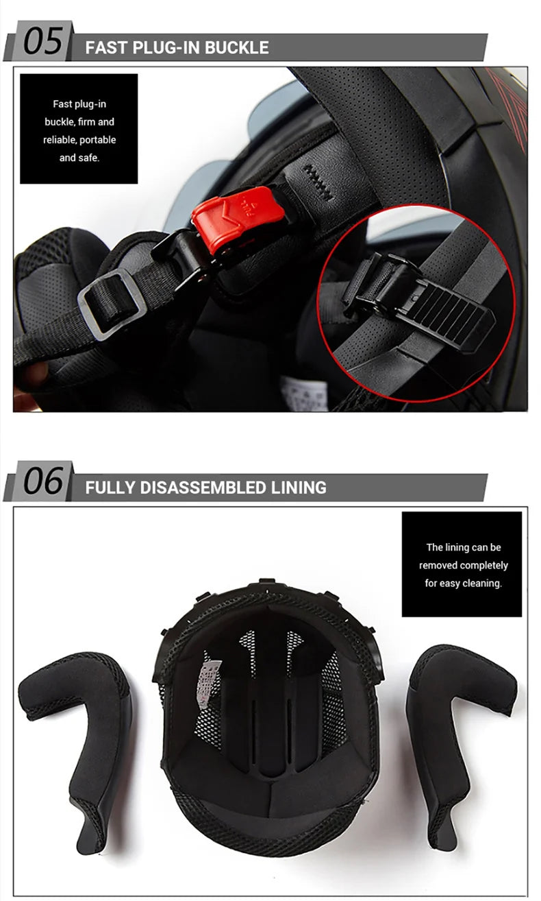 Close-up view of a black motorcycle helmet showing the fast plug-in buckle and fully disassembled lining components.