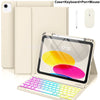 A beige multi-angle keyboard case for an iPad, shown with a keyboard, pen, and mouse.