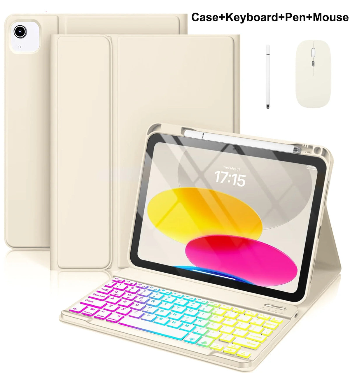 A beige multi-angle keyboard case for an iPad, shown with a keyboard, pen, and mouse.
