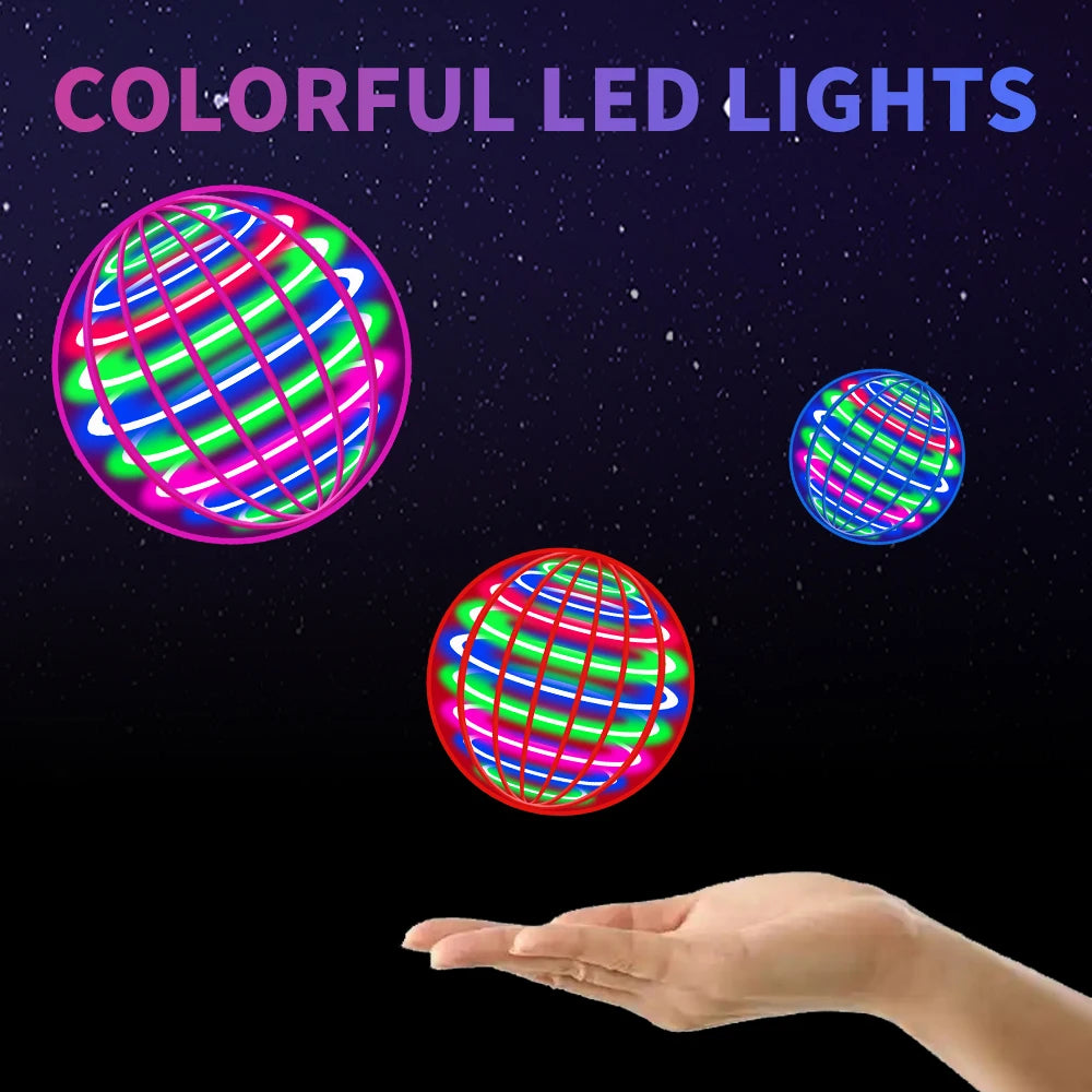 Colorful LED lights spinning in the air above an open hand.