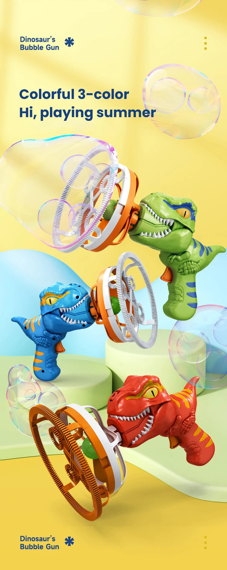 Colorful 3-color Dinosaur Bubble Gun with various bubble shapes and accessories