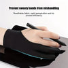 Black two-finger anti-touch drawing gloves being worn on a hand for use with tablets or screens.