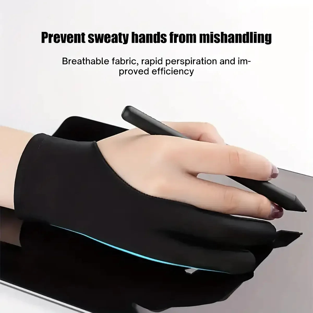 Black two-finger anti-touch drawing gloves being worn on a hand for use with tablets or screens.