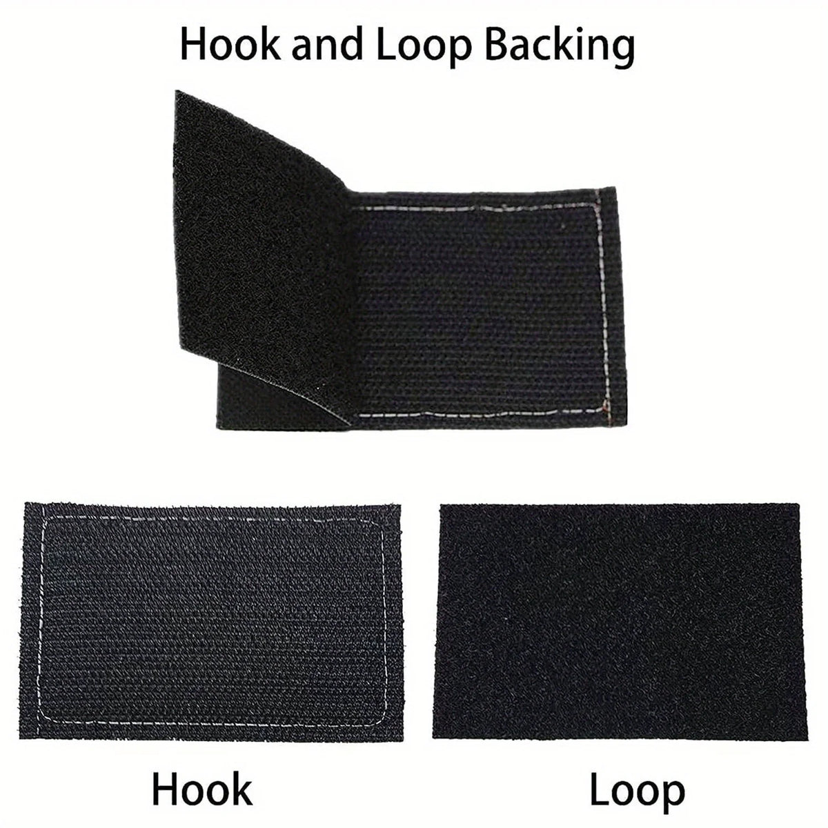 Close-up view of a black hook and loop backing for a tactical morale patch, showing the hook and loop components.