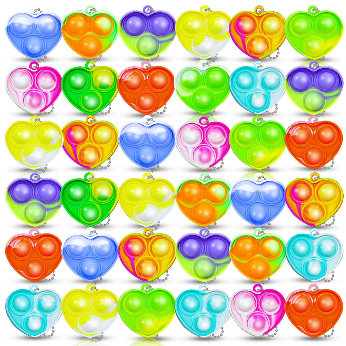 A collection of colorful mini pop keychain fidget toys in various shades including blue, green, yellow, and orange.