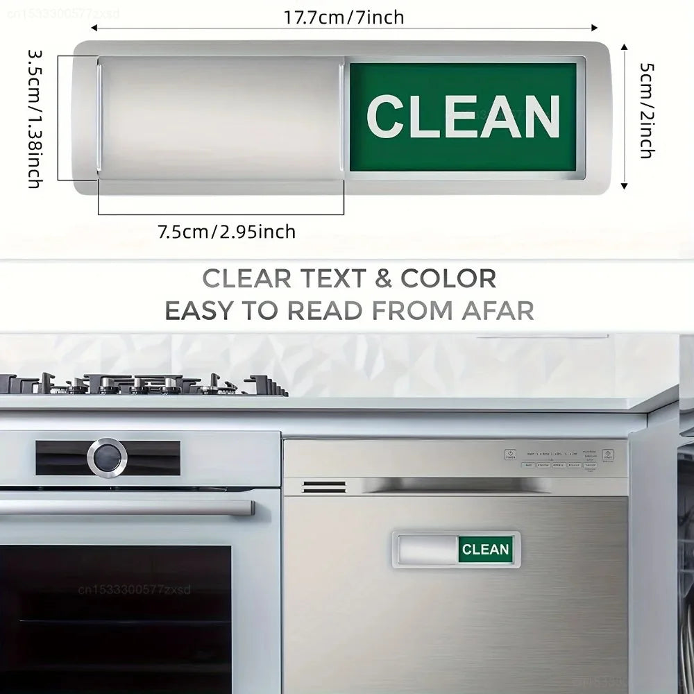 A green clean magnet sign is attached to a stainless steel dishwasher appliance.