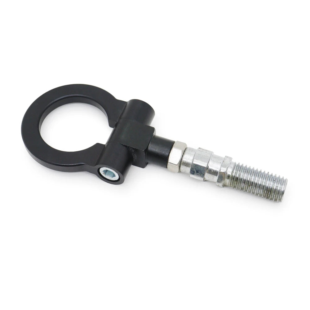Black universal racing tow hook with a threaded metal fitting for Japanese cars