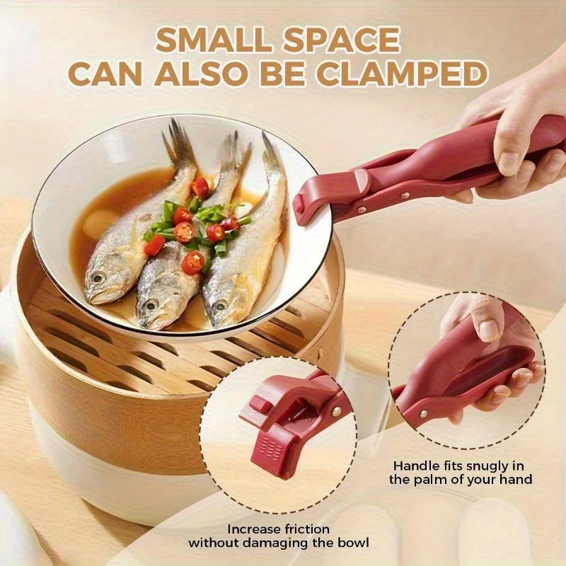A hand grips a pink silicone bowl gripper clip, demonstrating how it can clamp a small space bowl without damaging it.