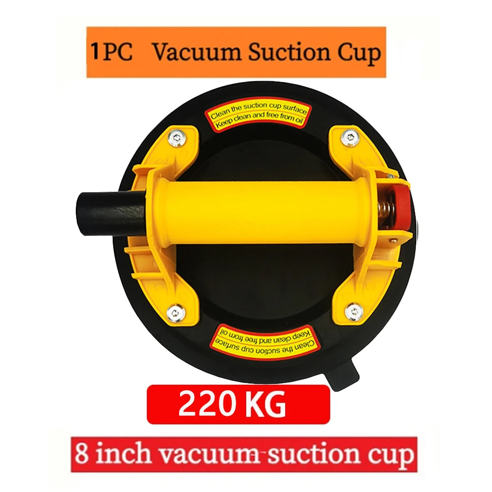 A black vacuum suction cup with a yellow handle and mounting brackets, designed for lifting 220 kg.