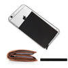 A silver smartphone is shown next to a brown slim metal RFID blocking card holder with a pop-up design.