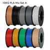 A set of ten black spools of 10KG PLA filament in various colors including orange, black, gray, white, red, yellow, green, bl