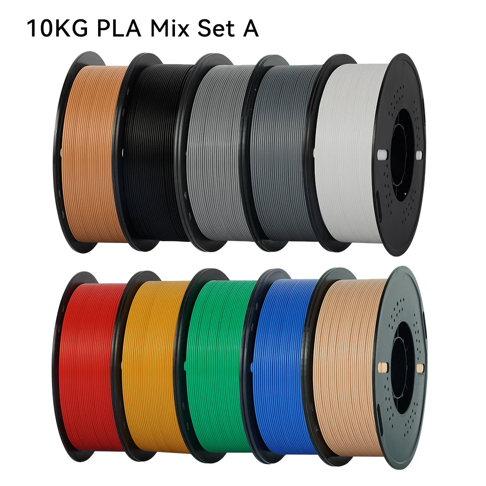 A set of ten black spools of 10KG PLA filament in various colors including orange, black, gray, white, red, yellow, green, bl