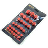 A set of 30 decorative red bolt caps for motorcycle screws packaged in a black plastic tray.