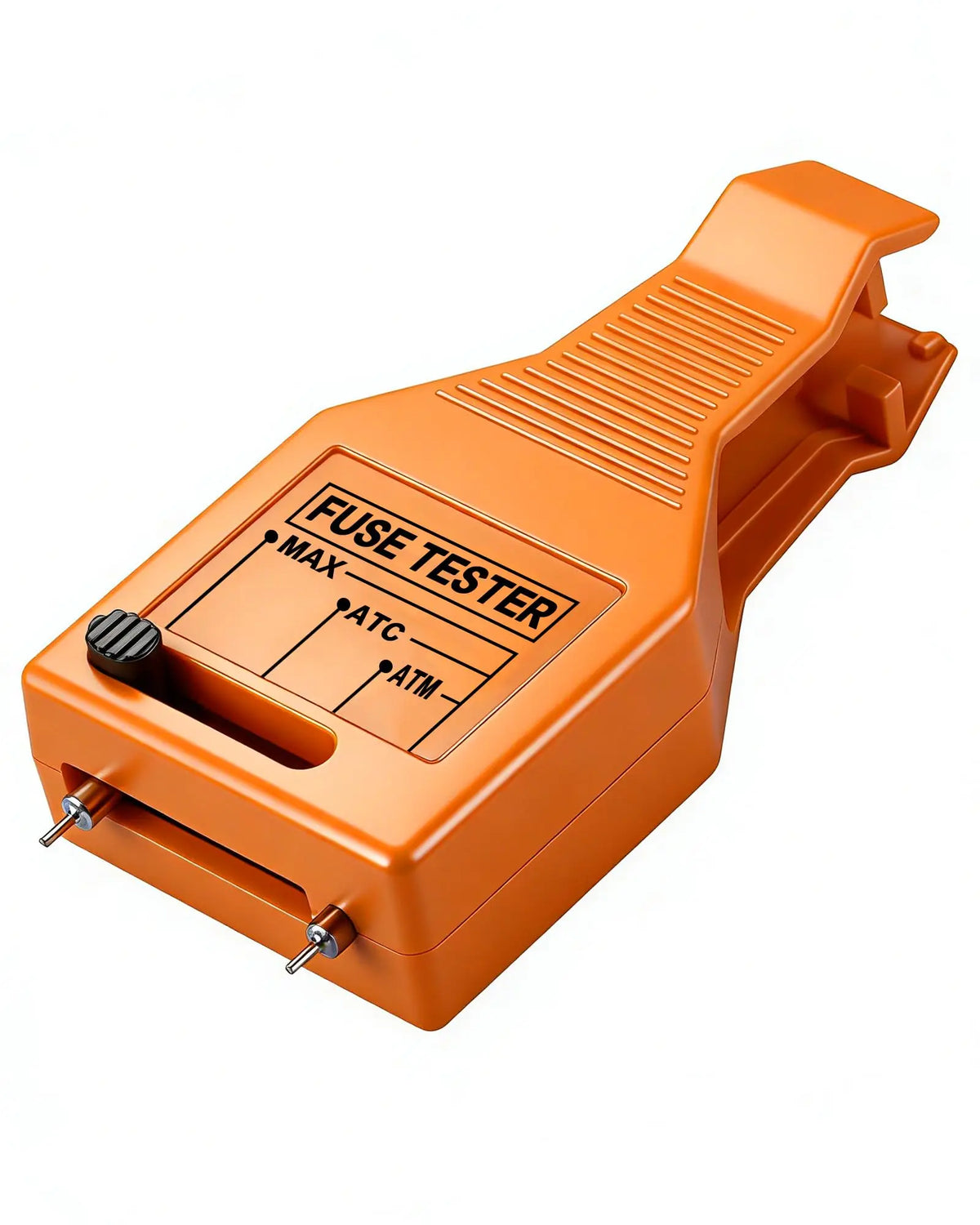 An orange universal automotive fuse tester device with a dial and puller mechanism.