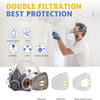 A respirator mask with a filter box and cotton cover shown next to replacement dust filter pads.