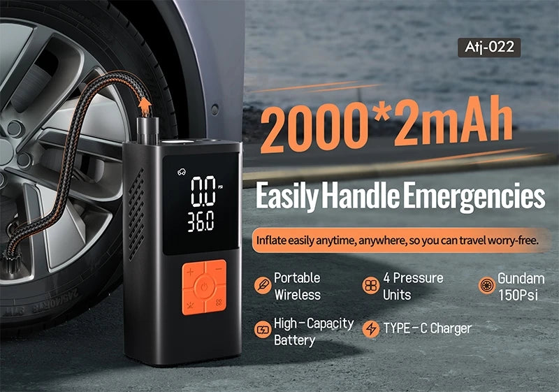 A black portable tire inflator device is shown next to a car wheel, highlighting its features for handling emergencies.