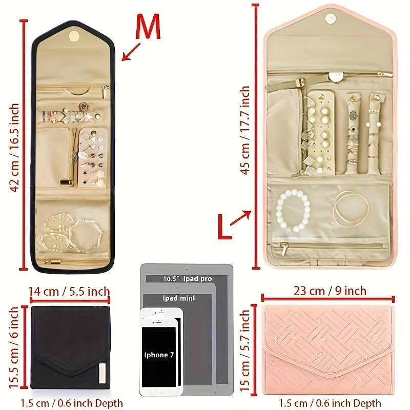 A foldable waterproof jewelry roll featuring multiple compartments for travel and makeup storage.
