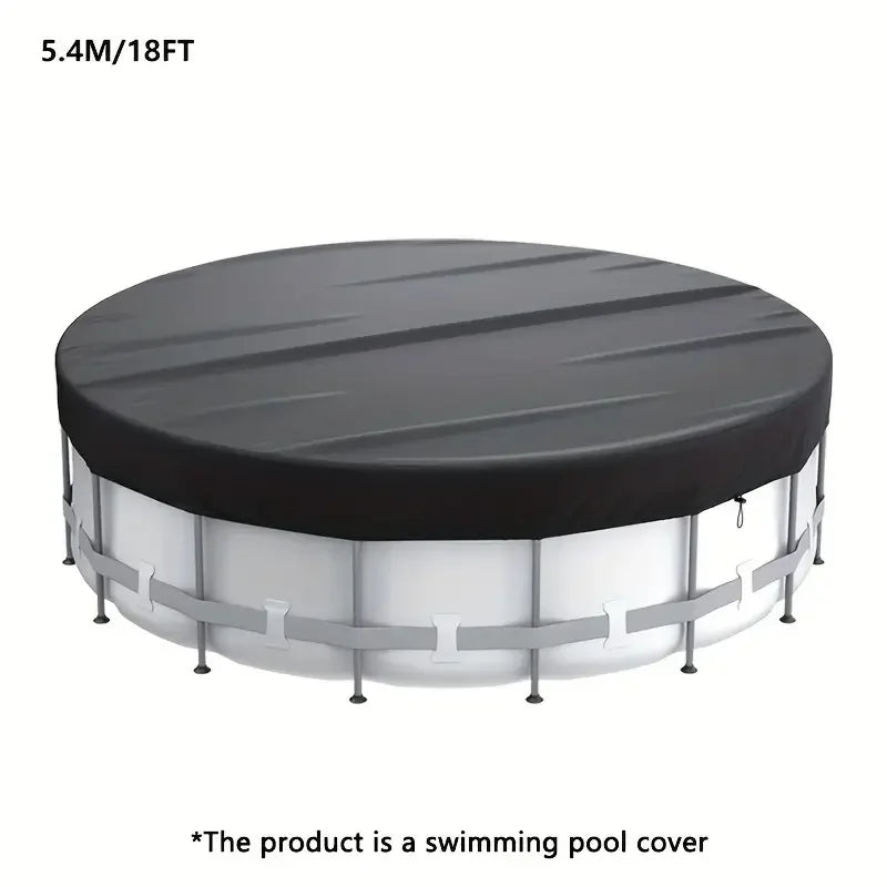 A round above-ground swimming pool cover with a black top and white sides.