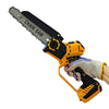 An 8-inch brushless electric chainsaw with a yellow and black body and a hand holding the tool.