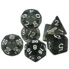 A set of seven transparent crystal polyhedral dice including a d4, d6, d8, d10, d12, d20, and a triangle dice.