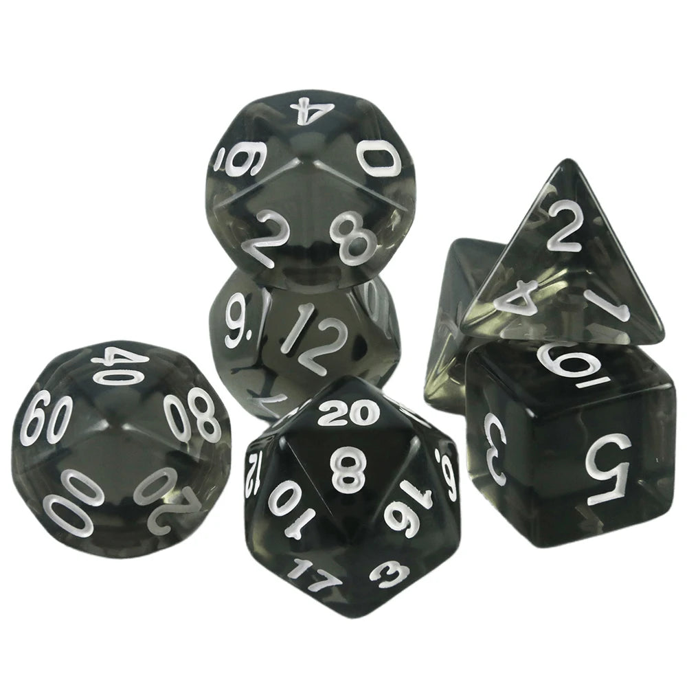 A set of seven transparent crystal polyhedral dice including a d4, d6, d8, d10, d12, d20, and a triangle dice.