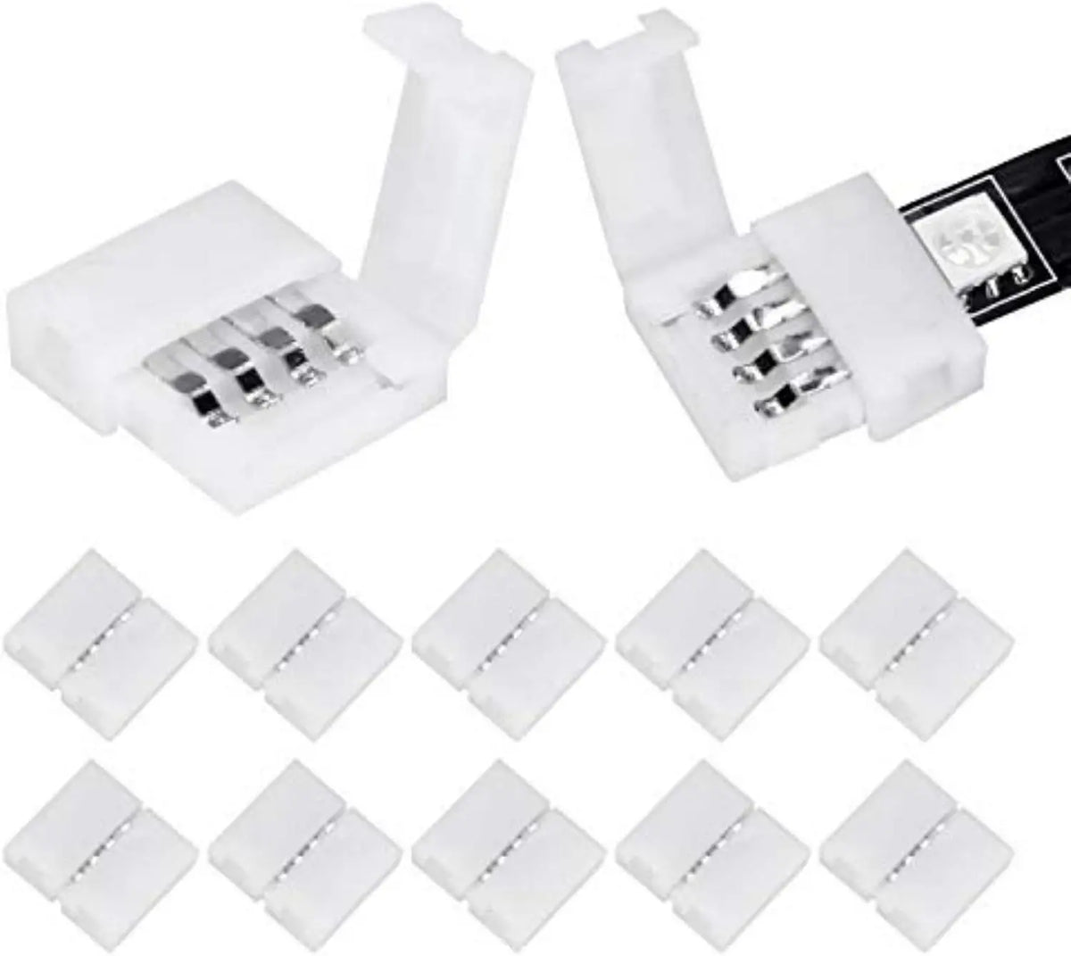 A pack of ten solderless L-shaped LED strip connectors for 4-pin RGB strips.