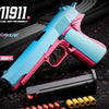 A pink and blue replica M1911 pistol is shown alongside reusable toy gun shells and darts.