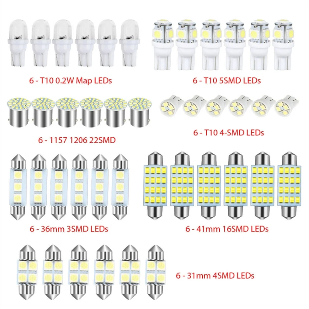 A collection of various SMD LED bulbs for automotive and interior lighting applications.