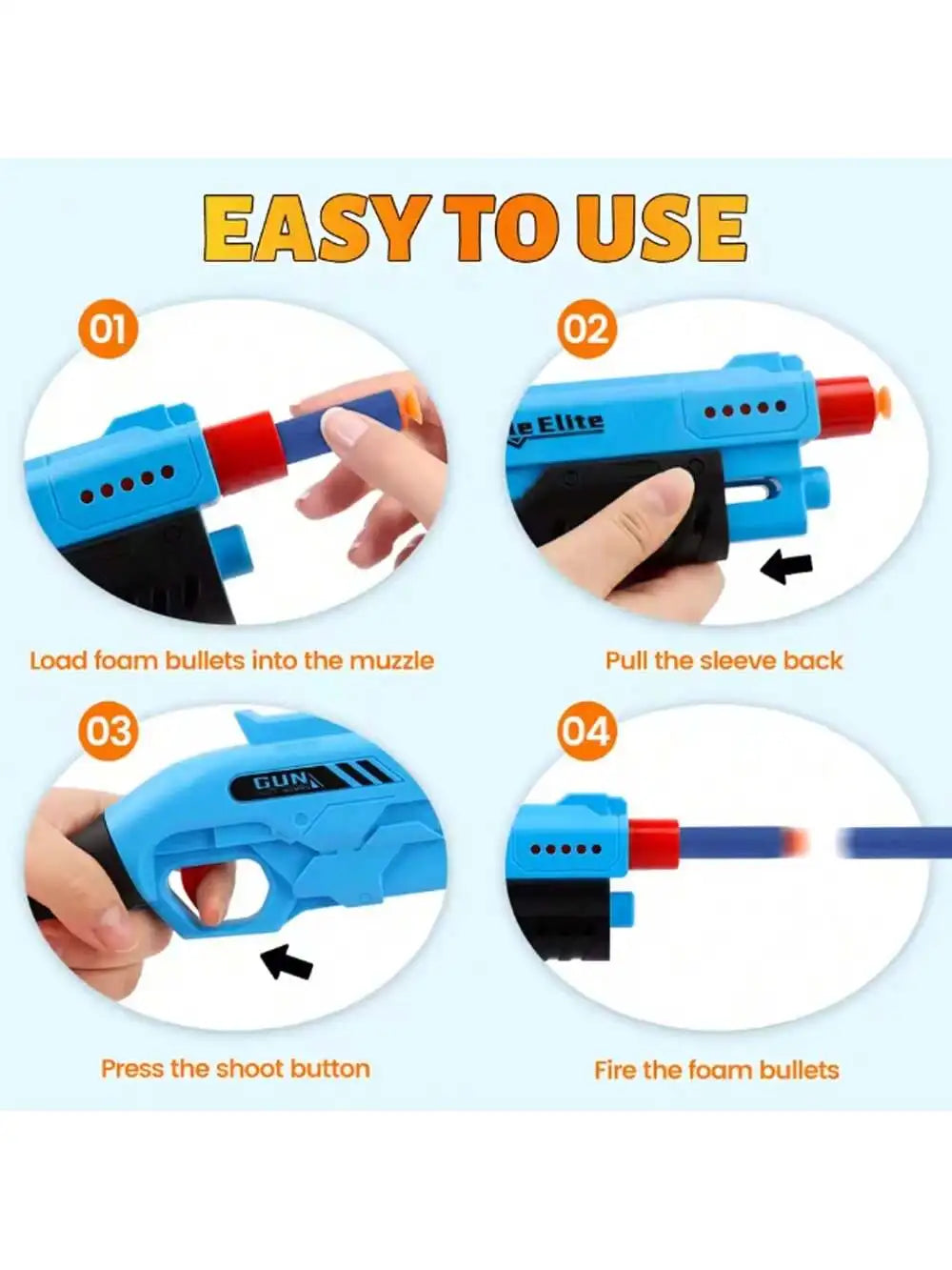Four steps showing how to load, prepare, and fire a manual foam dart blaster toy for kids
