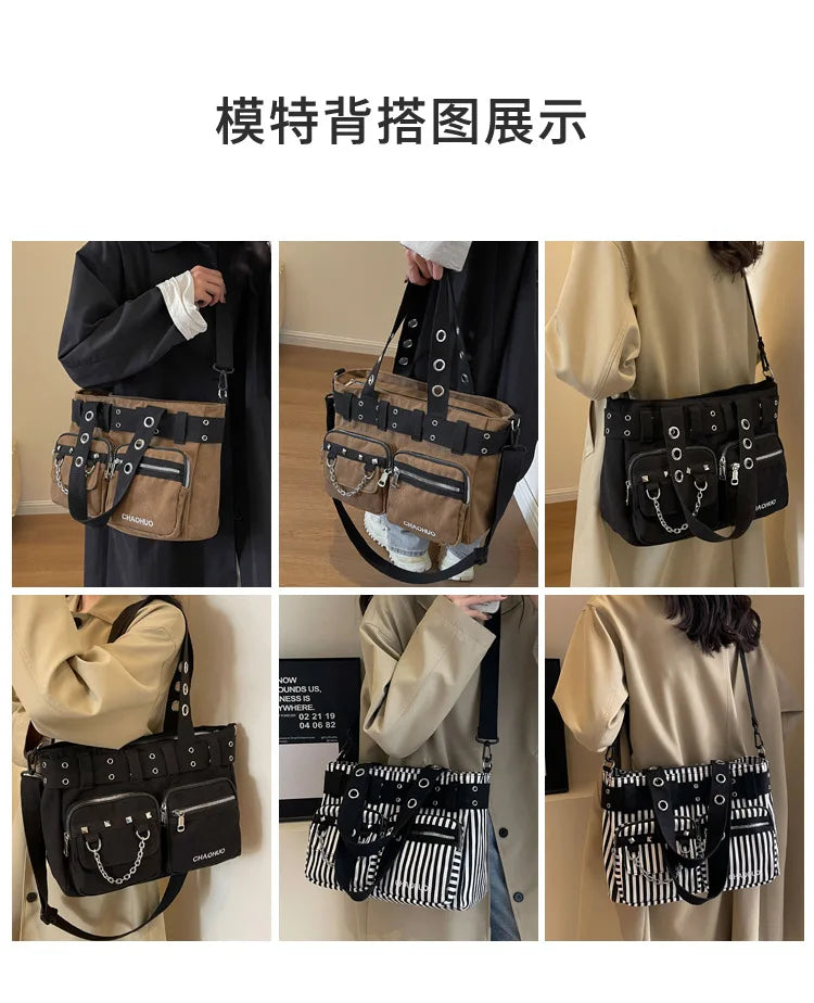 A display showing the features of a chic nylon shoulder bag with chain accents in various colors and styles.