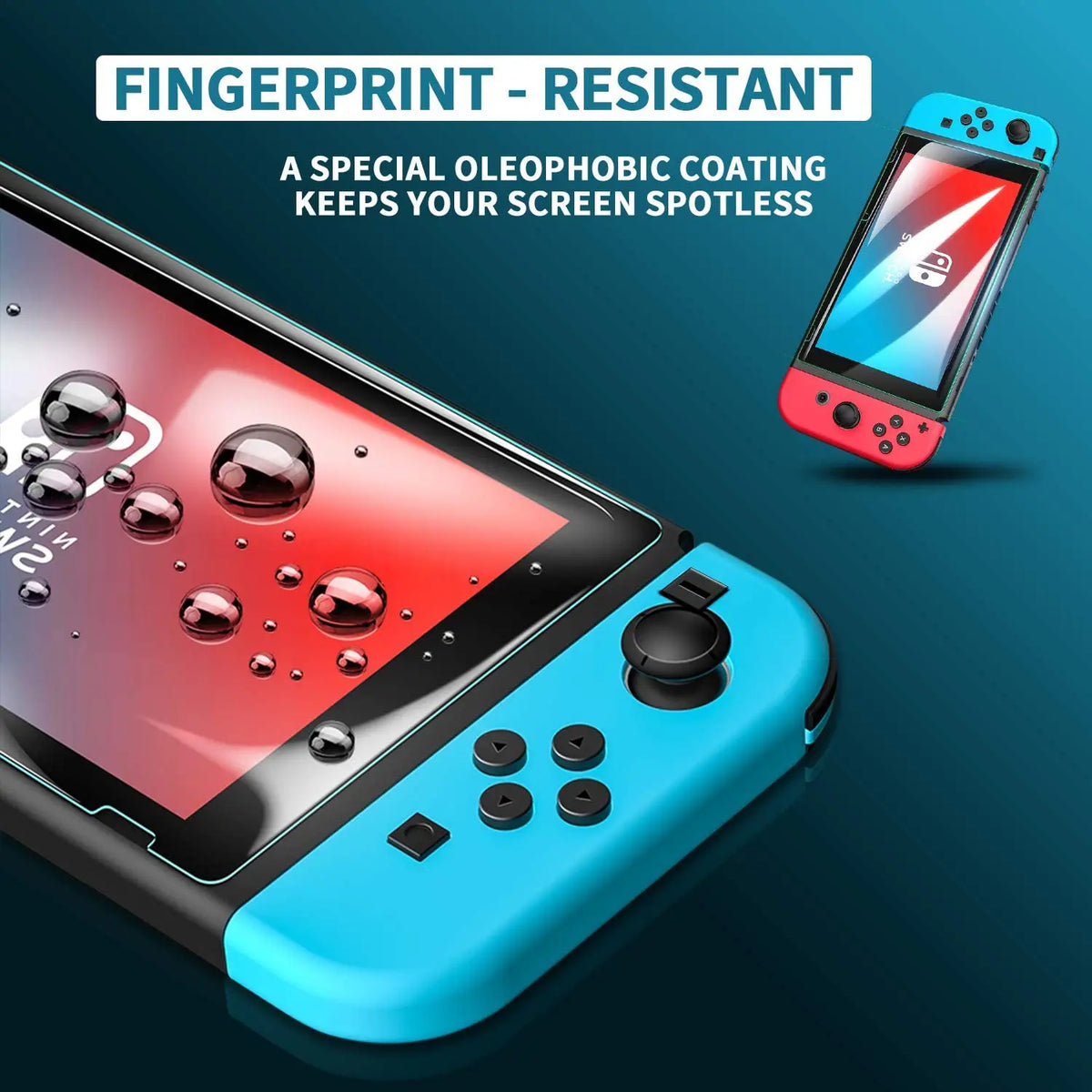 A close-up view of a fingerprint-resistant tempered glass screen protector for a Nintendo Switch console.