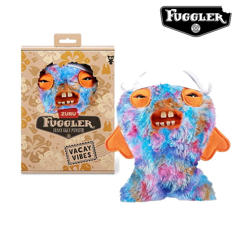 A plush toy of a blue and purple ugly monster with orange eyes and teeth, packaged in a brown box.