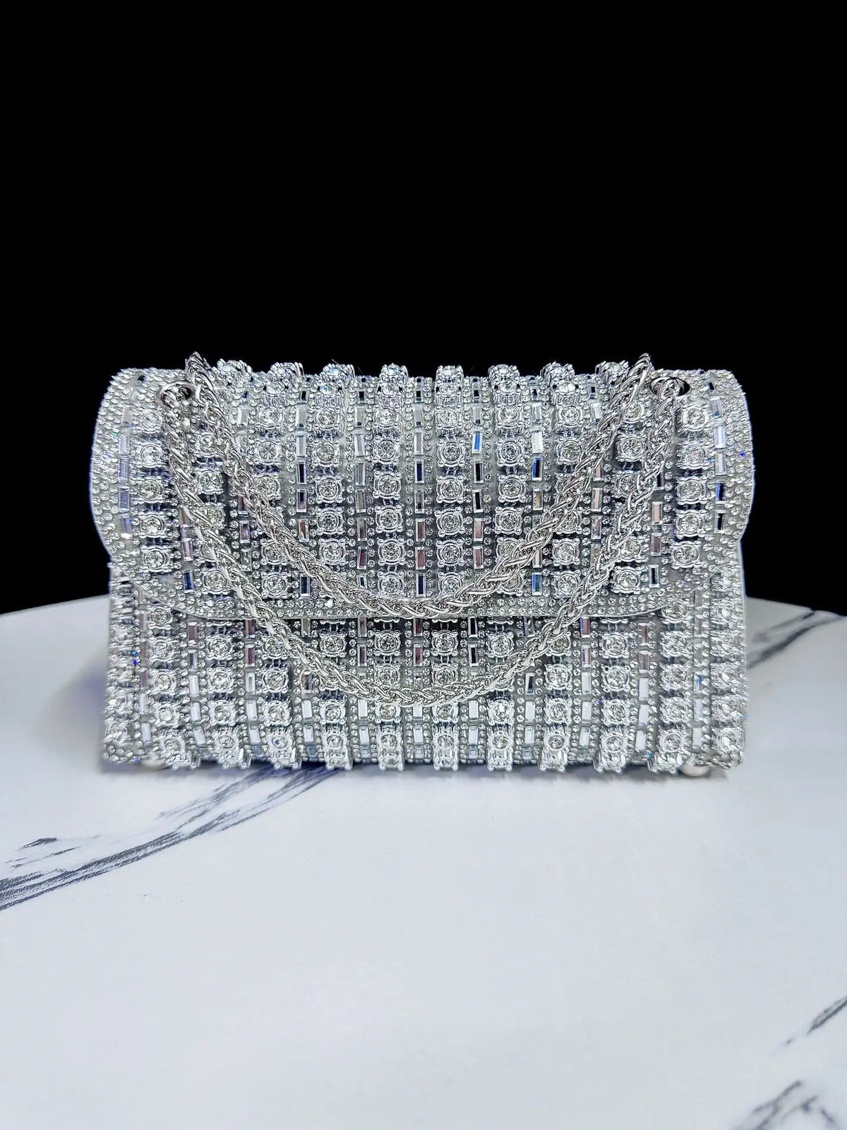 Crystal-Embellished Evening Clutch Bag with Chain Strap