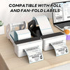 A white and black 2-in-1 thermal label holder designed for holding roll and fan-fold labels.