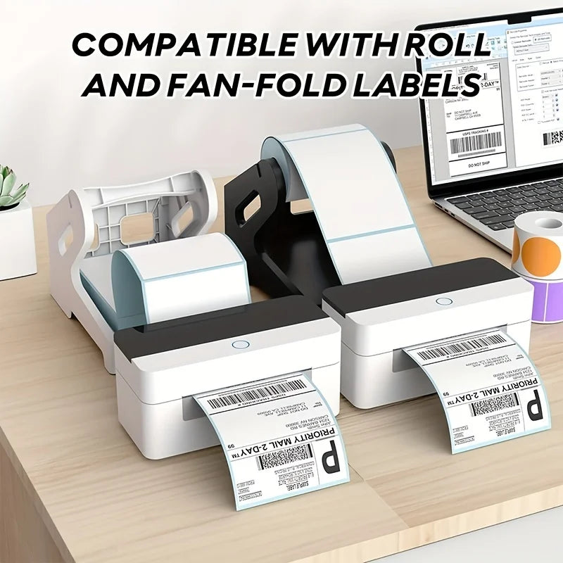 A white and black 2-in-1 thermal label holder designed for holding roll and fan-fold labels.