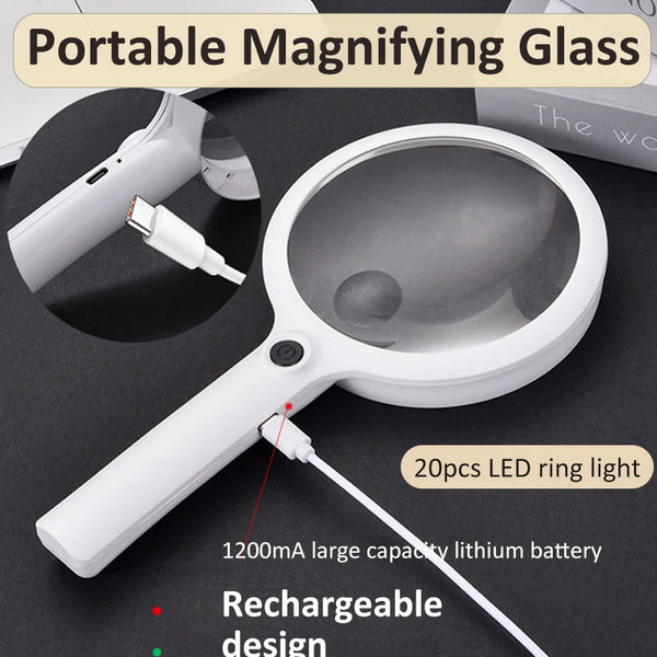 Weißes tragbares Vergrößerungsglas mit Lichtquelle und Batterie auf dunkler Oberfläche.