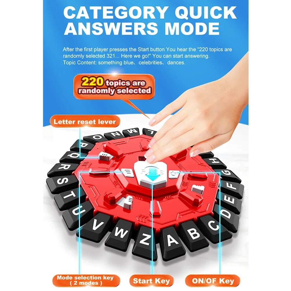A red letter puzzle game with black buttons and a white arrow, shown next to instructions for mode selection.