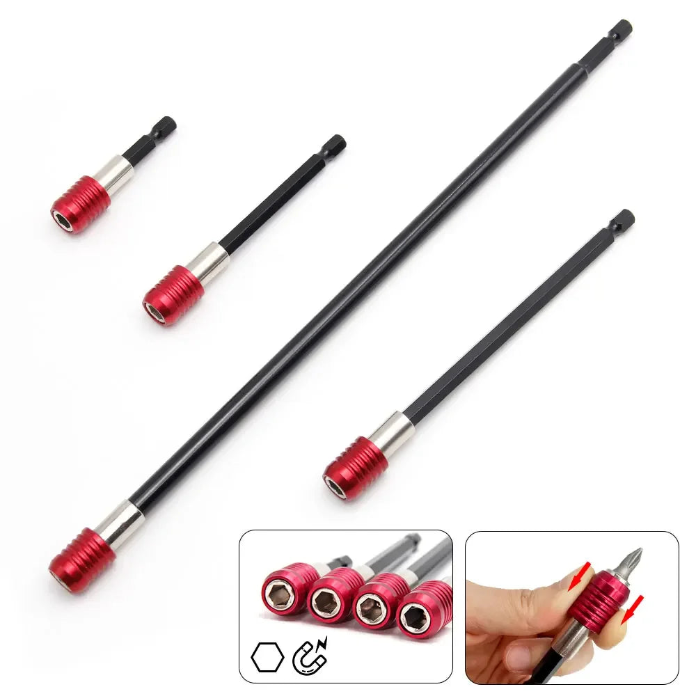 A set of black and red self-locking socket extension bars shown in various lengths and close-up views.